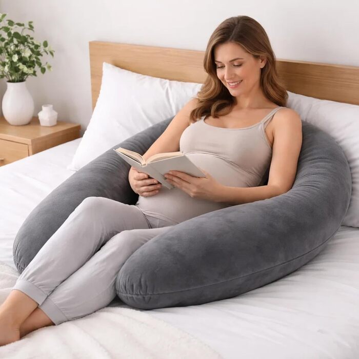 Подушка для вагітних та годування CALIYO XXL 190x32 см, чорно-сіра, з наповнювачем та знімним чохлом