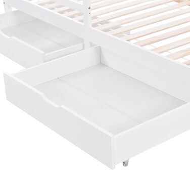 Ліжко дитяче Merax 90x200 з бортиками, ящиками та полицею, біле. Дерев'яне ліжко-будиночок для дітей.