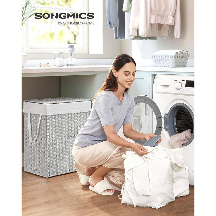 Кошик для білизни SONGMICS з кришкою, 90 л, 2 відділення, знімний мішок з ручками, ручне плетіння, для спальні та ванної, 33x46x60 см, білий