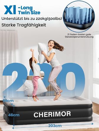 Самонадувний матрац CHERIMOR для 2 осіб, 203x152x46 см, посилений повітряний ліжко для дому та кемпінгу, витримує до 360 кг, з сумкою для перенесення, чорний