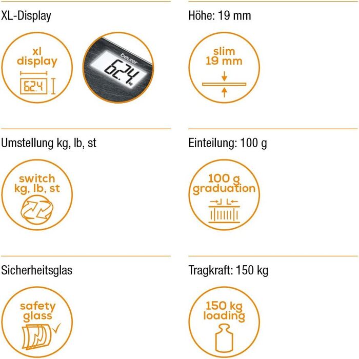 Ваги підлогові Beurer GS 203 Slate, скло, дизайн під сланець, великий LCD-дисплей, вантажопідйомність 150 кг