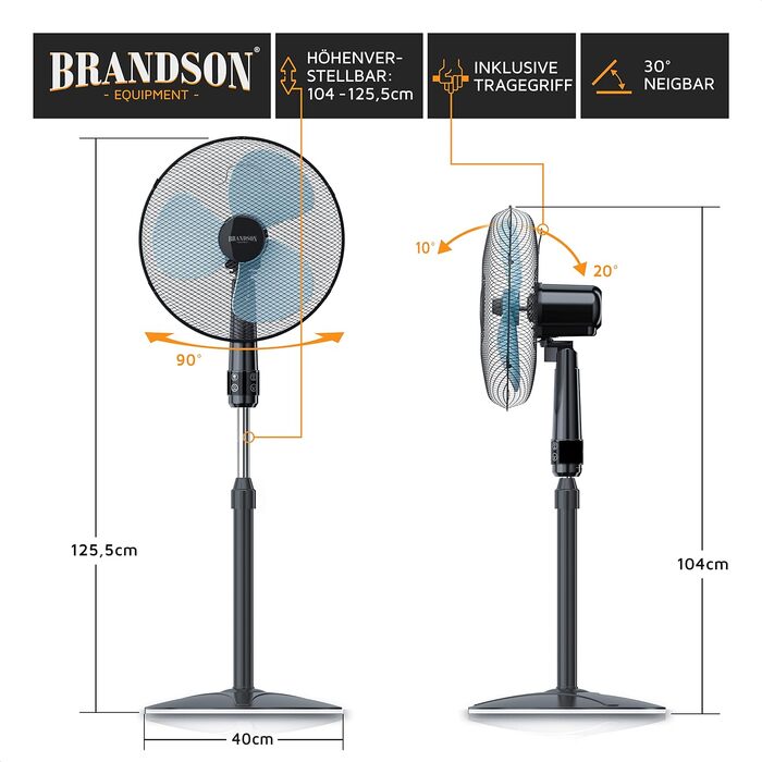 Вентилятор підлоговий Brandson 50 Вт, 40 см, з пультом, 3 швидкості, поворот 80°, регульована висота та кут нахилу 30°