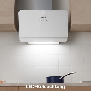 Похила витяжка для кухні CIARRA CBCS6765C 60 см, сталь та скло, білий/сріблястий, 580 м³/год, з вугільним фільтром CBCF055, сенсорне керування, настінний монтаж, клас A+