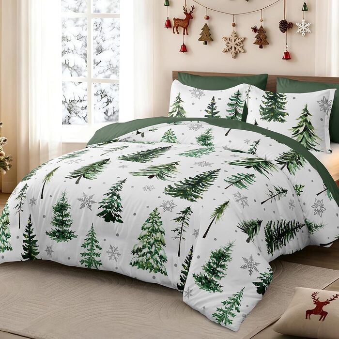 Комплект зимової постільної білизни WONGS BEDDING з новорічним принтом (Санта-Клаус), м'яка мікрофібра, 200x200 см, зелений з ялинкою (підковдра та наволочка 80x80 см)