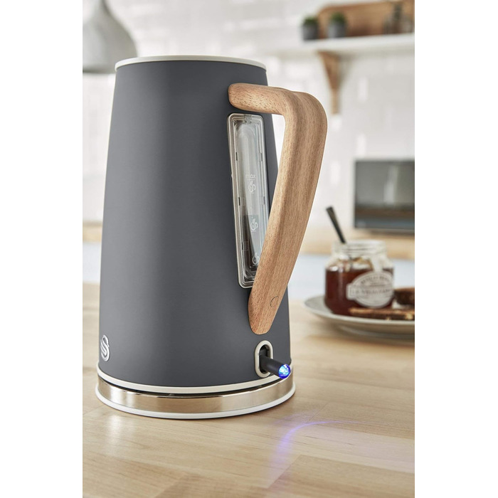 Електрочайник Swan Nordic Ultra 1,7 л 2200 Вт, бездротовий, автоматичне вимкнення, дерев'яна ручка, сірий, сучасний дизайн