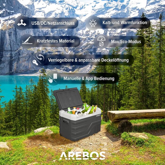 Автомобільний компресор-холодильник Arebos 35л з Wi-Fi та USB: електрохолодильник для авто, кемпінгу, вантажівки (-20°C, 12/24V/230V)