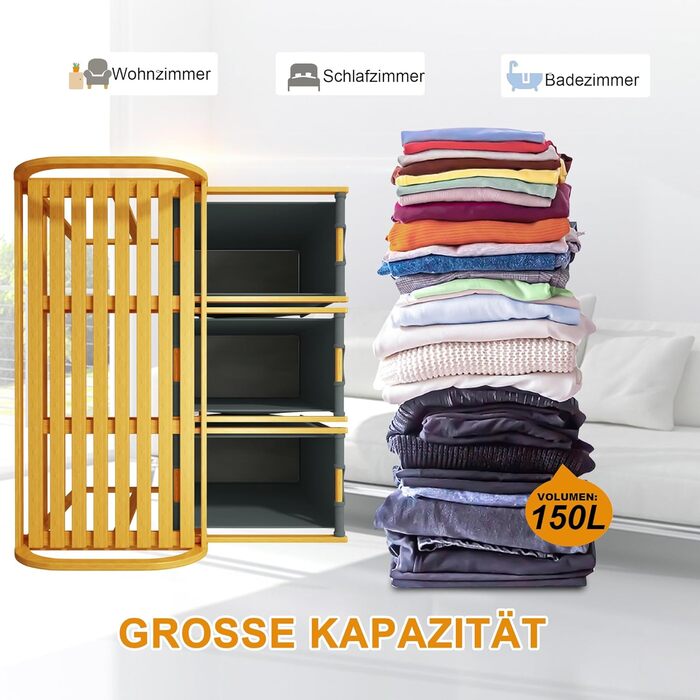 Кошик для білизни AdelDream з бамбуковою рамою 150 л, 3 секції, сірий, сортувальник білизни, дизайн із дугою