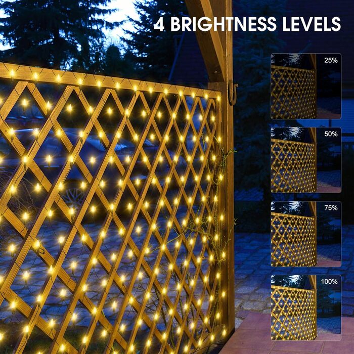 Сонячна сітка-ліхтарик 3x2 м 200 LED для вулиці, тепле біле світло, гірлянда на кущі з пультом, таймером, 8 режимів, для саду, Хелловіну, весілля