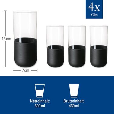 Набір склянок Villeroy & Boch Manufacture Rock: 4 шт, 300 мл, матовий чорний, ручне розписування, для коктейлів, лонгдрінків, мохіто, кайпіріньї, кришталеве скло