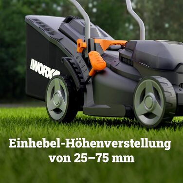 Акумуляторний газонокосарка WORX WG733E 20V, ширина косіння 33 см, об'єм травозлота 35 л, Brushless двигун, 6 положень висоти (25-75 мм), Intellicut, з акумулятором 4Ah та зарядним пристроєм