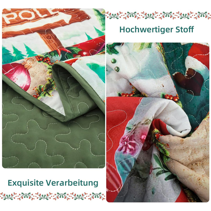 Покривало WONGS BEDDING 240x260 см, стьобане, мікрофібра, комплект 3 предмети: покривало та 2 наволочки 50x75 см, зелений різдвяний малюнок ялинка та олень, для двоспального ліжка