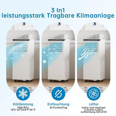Мобільний кондиціонер 4-в-1 Leises 7000 BTU: охолодження, вентиляція, осушення, режим Follow-Me. Для приміщень до 51 м². З пультом, таймером на 24 год, дисплеєм.