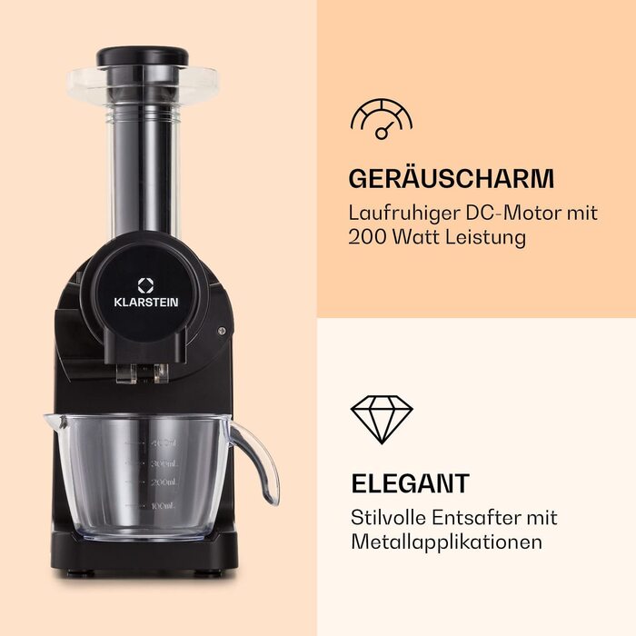 Соковижималка Klarstein Bella Elegance, 200 Вт, 400 мл, BPA-free, чорна, антиковзка, легке очищення