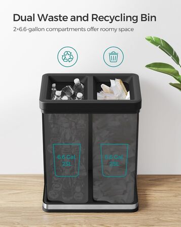 Сміттєвий бак SONGMICS ULTB710E50 з відкритою кришкою, подвійним відділенням для сміття та сортування, нержавіюча сталь, для офісу, ресторану, комерційного використання, 2 шт.