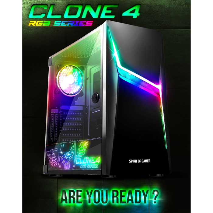 Корпус для ПК Spirit of Gamer Clone 4 RGB, прозора стінка із загартованого скла, для ігрового комп'ютера, середній Tower, сумісний з ATX/MATX/ITX, 2 адресовані вентилятори 120 мм у комплекті