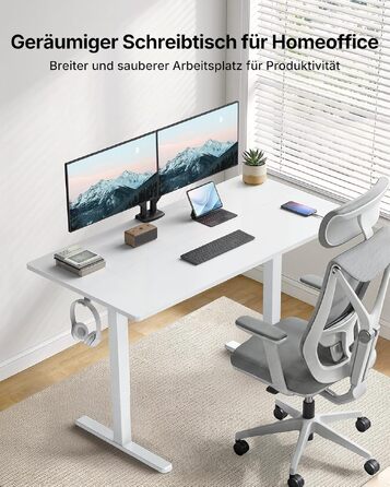 Регульований по висоті офісний стіл HUANUO 160x80 см з USB-C/USB-A, білий. Пам'ять на 4 положення, кабель-менеджмент
