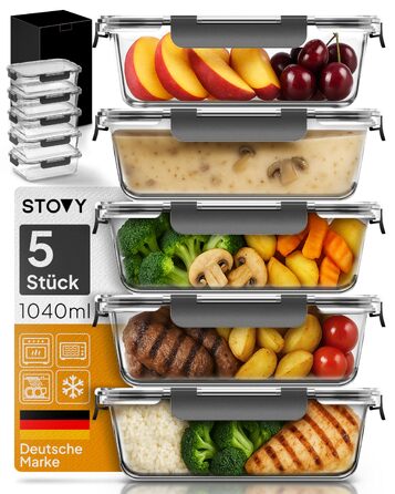 Набір скляних контейнерів для їжі STOVY Meal Prep з кришками, 5 шт по 1040 мл