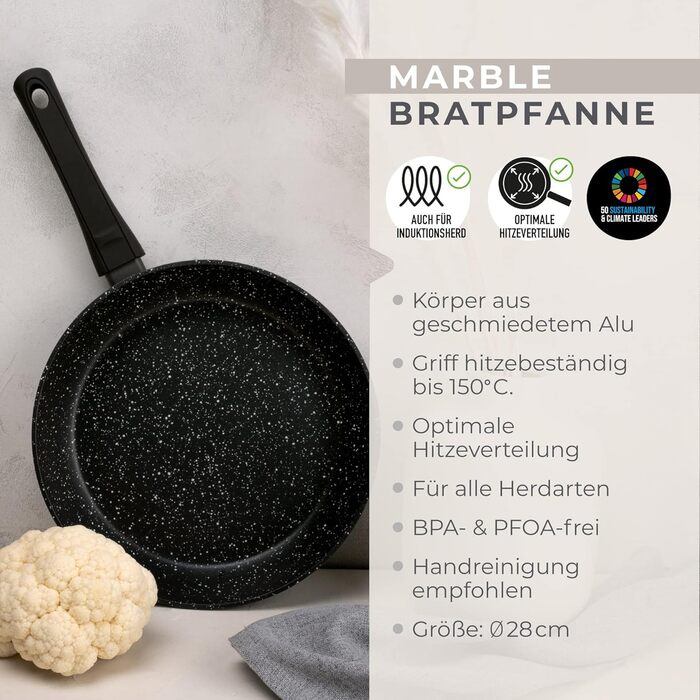 Сковорода Fackelmann Marble 28 см, антипригарна, з переробленого алюмінію, для індукції, ергономічна ручка