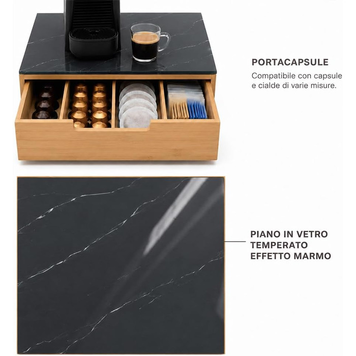 Держак для кавових капсул BAKAJI з шухлядою з бамбукового дерева для Nespresso, Dolce Gusto, Modomio, Lavazza, чайних пакетів та цукру, чорний (31,5 x 30 x 10 см)