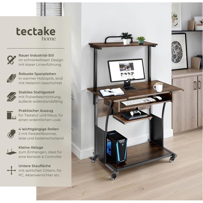 Письмовий стіл tectake Industrial 80x65.5x130.5 см з полицями, висувною полицею для клавіатури, темно-коричневий - Офісний стіл, Комп'ютерний стіл, Принтерний стіл