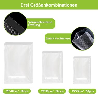 Пакети для вакууму Bonsenkitchen Profi VB3205 (150 шт., 15x25, 20x30, 28x40 см) - для харчових продуктів, Sous Vide, BPA-free