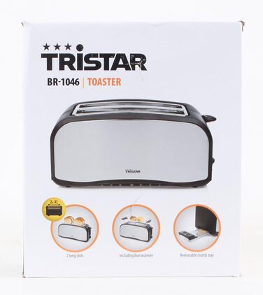 Тостер Tristar з нержавіючої сталі, 4 тости, 6 режимів підсмажування, насадка для булочок, довгі отвори, знімний піддон для крихт, функції скасування, розморожування та підігріву, модель BR-1046