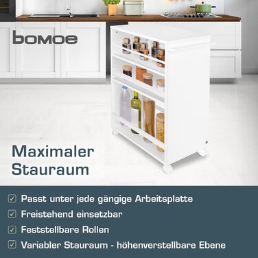 Кухонний візок bomoe Bengt на колесах, 3 рівні, FSC® дерево, універсальний сервірувальний столик 50x38x79 см, білий для кухні, ванної, офісу