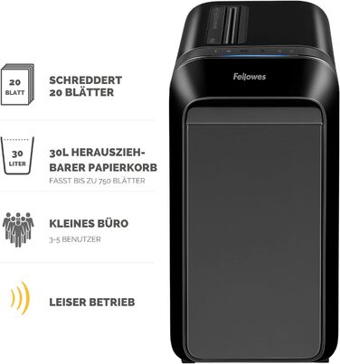 Fellowes знищувач паперу High Security (P5), офісний, Powershred LX221, Microcut, 30 л кошик, 100% без залишків, Safesense, 2000 частинок/арк (2x12 мм), 20 арк