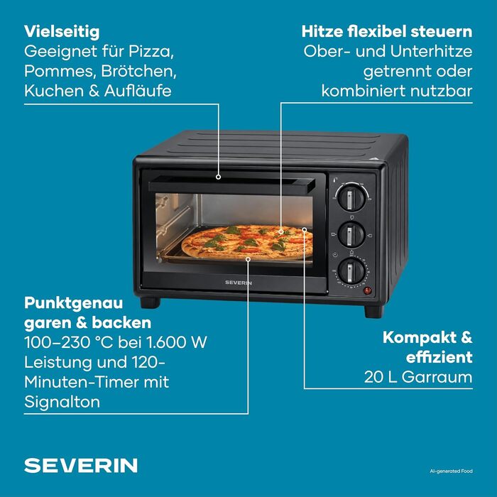 Міні-піч Severin Bake&Toast TO 2078, 20Л, 1600Вт, з таймером та конвекцією (верхній та нижній підігрів), чорна