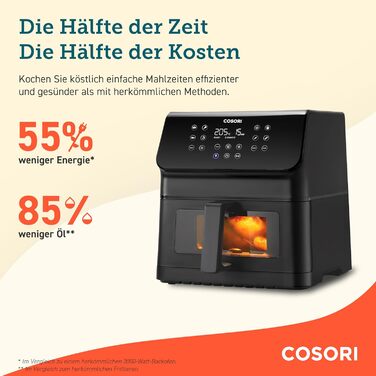 Фритюрниця повітряна COSORI Clear Blaze XXL 6,2 л, 12-в-1, з оглядовим вікном, Shake-Reminder, 80 рецептів, енергозберігаюча, чорна