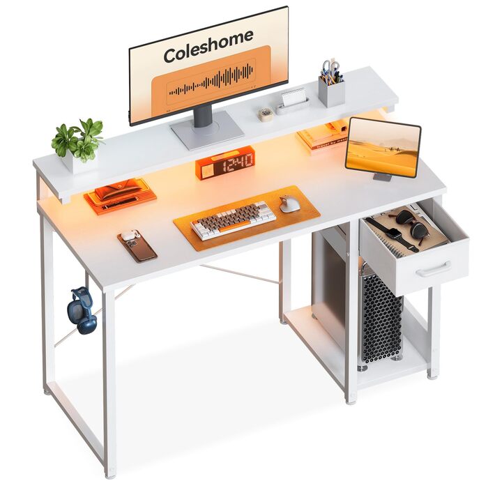 Ігровий стіл Coleshome з LED підсвіткою та висувною шухлядою, 100x45x74.5 см (білий) - Комп'ютерний стіл для офісу, геймінгу, дому