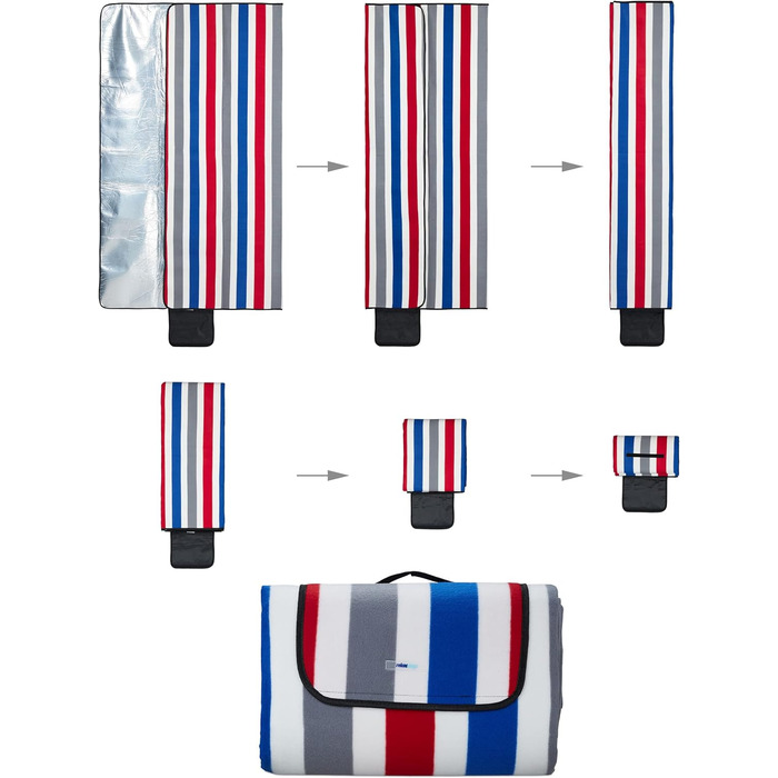 Пікнік-ковдра Relaxdays XXL 200x300 см, водонепроникна, з ручкою, флісова смугаста для пляжу, різнокольорова