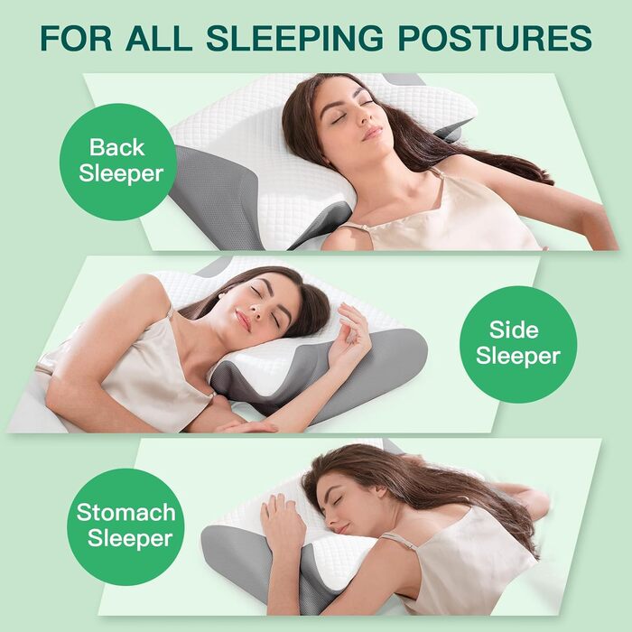 Подушка для шиї з піни Memory Foam 2-в-1, ергономічна, 60x40x12/14 см, сіра - для сну на спині, боці та животі