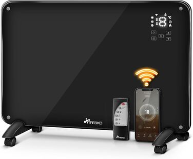 Електричний скляний конвектор TRESKO 2000Вт з WiFi, сенсорним керуванням і LCD-дисплеєм, настінний або підлоговий, чорний