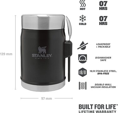 Термос для їжі Stanley Classic Legendary 400 мл з ложкою-виделкою, нержавіюча сталь, тримає тепло/холод 7 годин, BPA-free, чорний матовий, для їжі, для обіду, термобокс, придатний для миття в посудомийці