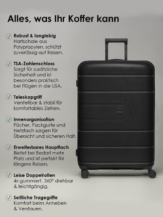 Валіза для подорожей REDOLZ Essentials 11 XL, пластикова, чорна, 76x51x32 см, з TSA-замком та розширенням