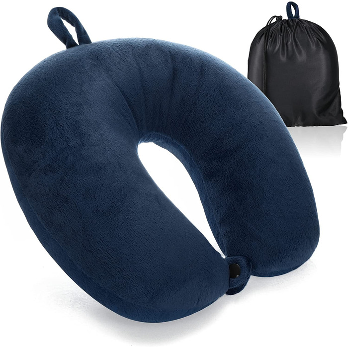 Преміальна подушка для шиї з Memory Foam COM-FOUR, м'яка ортопедична дорожня подушка для дорослих, для літака, авто, поїзда, корабля та автобуса, допомога при засинанні, 1 шт, темно-синя