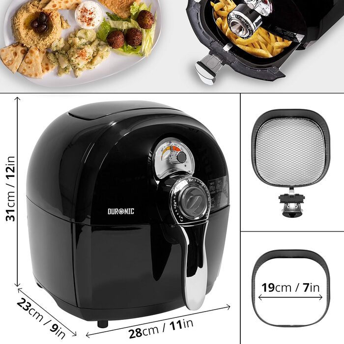 Фритюрниця без олії Duronic AF1 BK, 2 л, 1500 Вт, аерофритюрниця, міні духовка для смаження, запікання, тушкування, Cool Touch, температура до 200°C