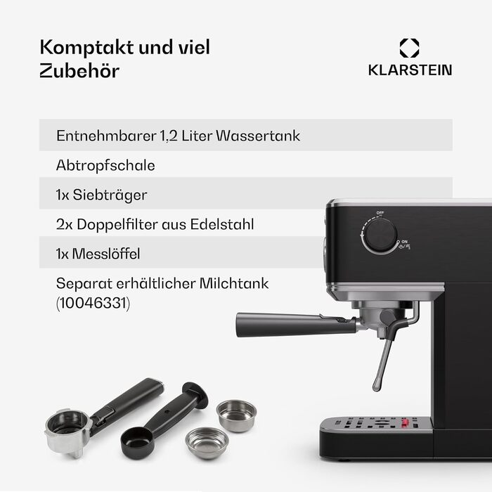 Кавоварка рожкова Klarstein SteelPresso Slim, 20 Бар, 1350 Вт, 1,2 л, парова насадка, нержавіюча сталь, компактна, легке очищення, чорна