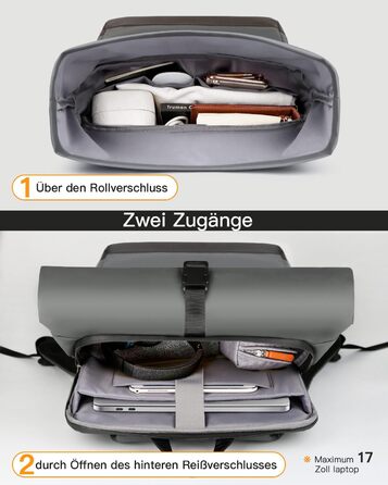 Inateck RollTop рюкзак 25-30 л для чоловіків і жінок, міський велосипедний рюкзак для ноутбука 17'', шкільний, для університету, подорожей, роботи та спорту, сірий