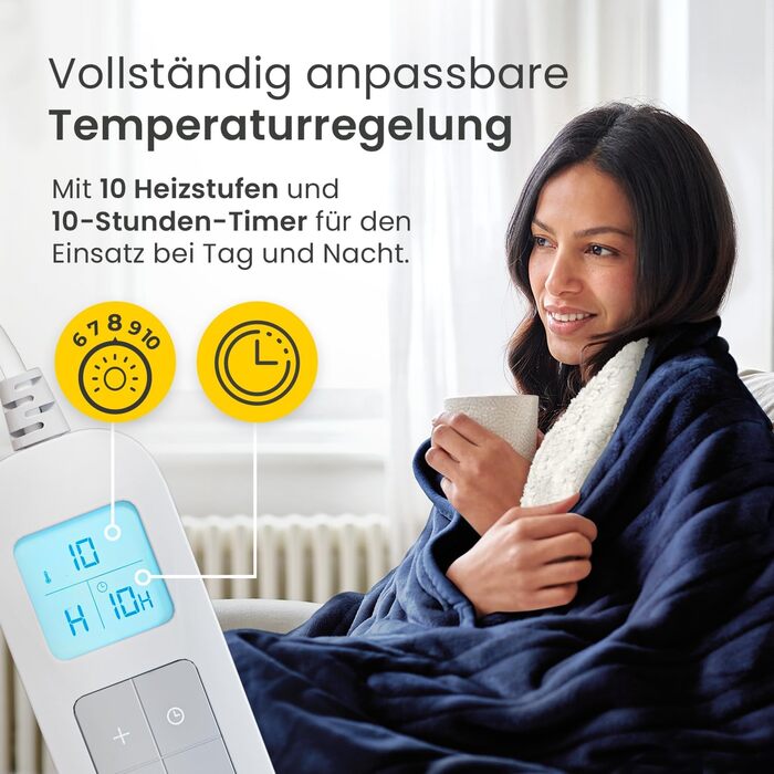 Електрична грілка Cosi Home Sherpa 180x130 см, 10 режимів, автоматичне відключення, захист від перегріву, пульт, фліс, прана, темно-синя