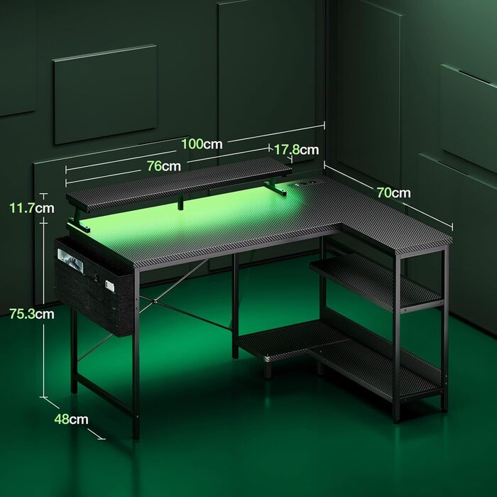 Ігровий кутовий стіл Coleshome з полицями та USB-розетками, з LED-підсвіткою для дому та офісу