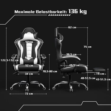 Ігровий крісло Yaheetech з масажем, комп'ютерне крісло з підніжкою, біле, регульована спинка 90-135°