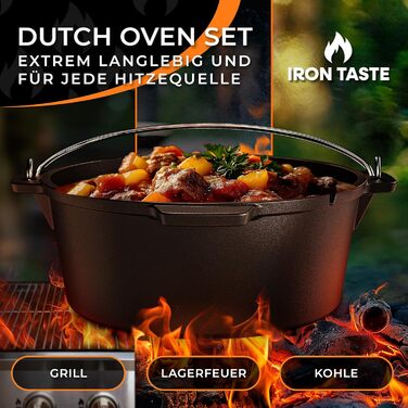 Набір чавунних казанів Dutch Oven 12л з ніжками та знімачем кришки, чавунний казан для відкритого вогню на 10-16 осіб