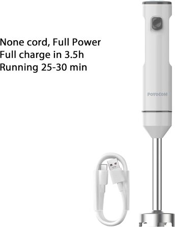 Бездротовий занурювальний блендер з USB-C кабелем для приготування смузі, молочних коктейлів, хумусу, дитячого харчування та супів - білий