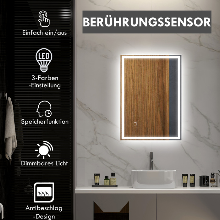 Дзеркало для ванної кімнати Badspiegel з підсвіткою LED, сенсорне управління, білий колір