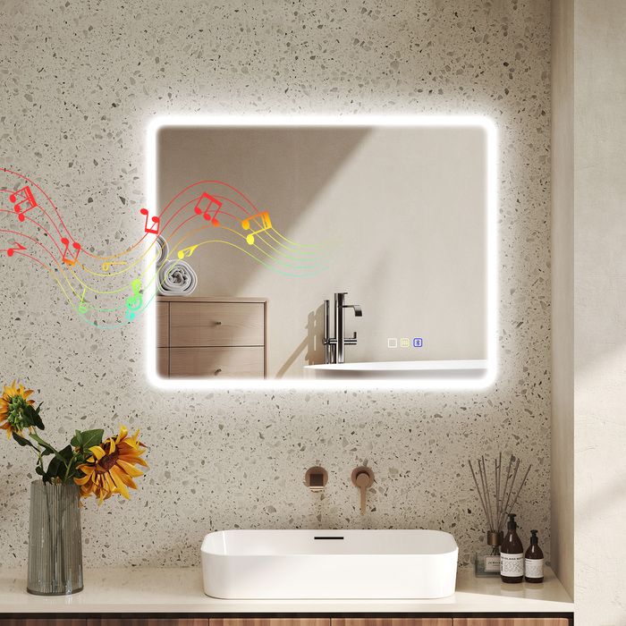 Дзеркало для ванної кімнати LED Bluetooth 70 x 90 см Сенсорне керування Регульоване освітлення 3 кольори Антивсмогування Пам'ять Срібляний