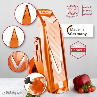 Овочерізка Börner V5 Plus з нержавіючою V-лезом, з аксесуарами та овочечисткою, регульована, для нарізки скибочок, смужок і кубиків, помаранчева