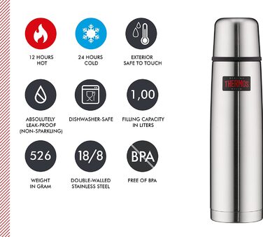 Термос для напоїв THERMOS Light & Compact 1 л, нержавіюча сталь, червоний, ізольована пляшка з чашкою, зберігає тепло до 12 годин, холод до 24 годин, герметичний, BPA-free, можна мити в посудомийці