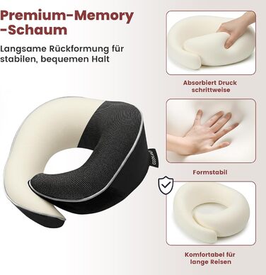 Подорожня подушка для шиї COSYLAND з ефектом пам'яті (Memory Foam) для літака та авто, ергономічна підставка 360°, чорна (набір: маска для сну, беруші, чохол)